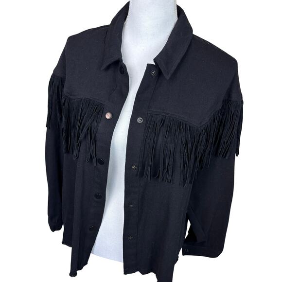 Forever 21 Black Fringe Denim Jacket Western Festival Cowgirl M - Picture 1 of 7
